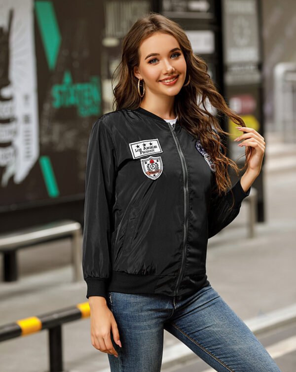 Women Olive Green Solid Bomber Jacket with Applique Detail - Image 4