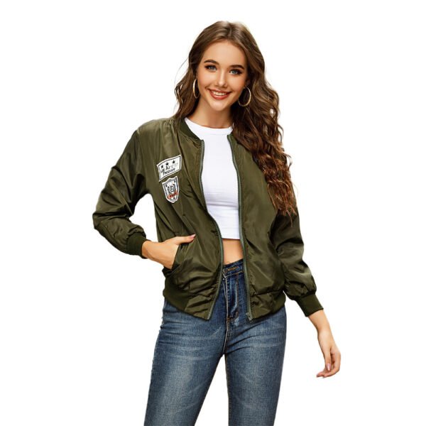 Women Olive Green Solid Bomber Jacket with Applique Detail - Image 5